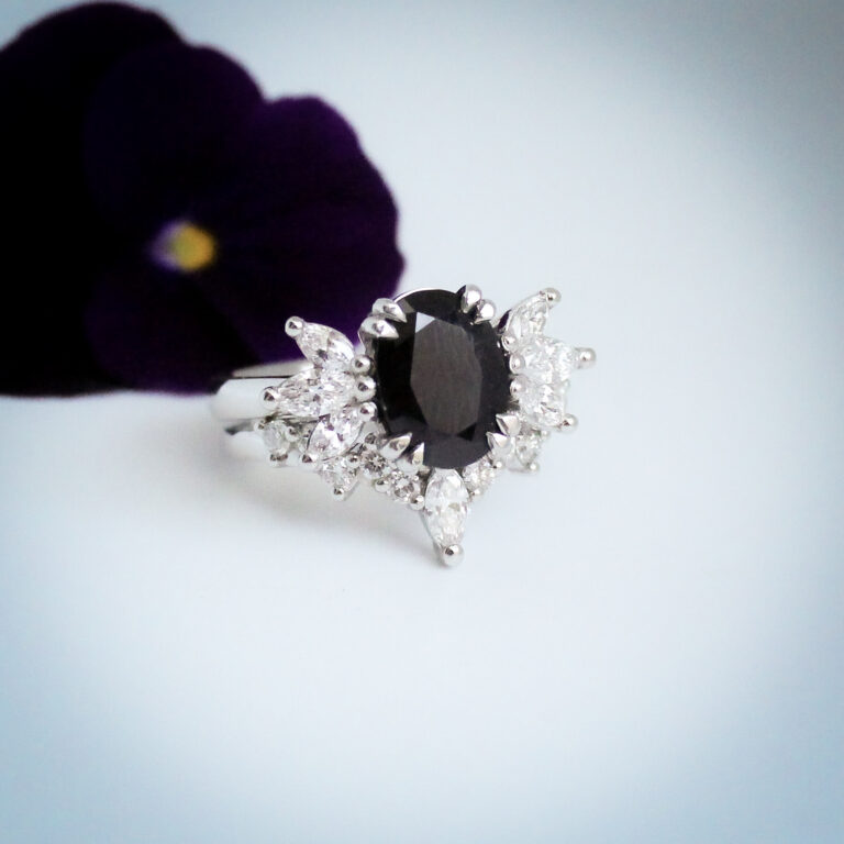 Sapphire engagement ring with diamond fitted wedding band in white gold